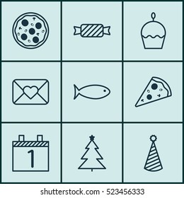 Set Of 9 Happy New Year Icons. Can Be Used For Web, Mobile, UI And Infographic Design. Includes Elements Such As Birthday, Agenda, Christmas And More.