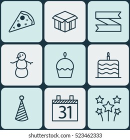 Set Of 9 Happy New Year Icons. Can Be Used For Web, Mobile, UI And Infographic Design. Includes Elements Such As Pizza, Blank, Piece And More.