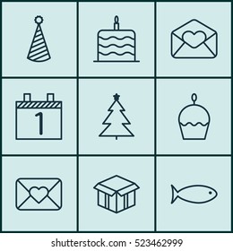 Set Of 9 Happy New Year Icons. Can Be Used For Web, Mobile, UI And Infographic Design. Includes Elements Such As Fish, Christmas, Aquatic And More.