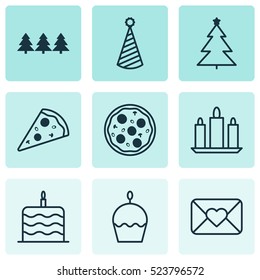 Set Of 9 Happy New Year Icons. Can Be Used For Web, Mobile, UI And Infographic Design. Includes Elements Such As Hat, Party, Pizzeria And More.