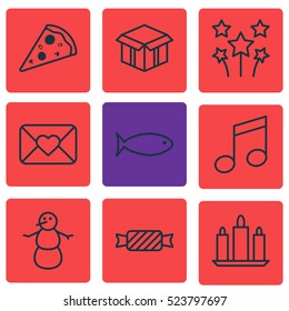 Set Of 9 Happy New Year Icons. Can Be Used For Web, Mobile, UI And Infographic Design. Includes Elements Such As Candy, Firework, Caramel And More.