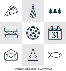 Set Of 9 Happy New Year Icons. Can Be Used For Web, Mobile, UI And Infographic Design. Includes Elements Such As Schedule, Christmas, Birthday And More.