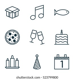 Set Of 9 Happy New Year Icons. Can Be Used For Web, Mobile, UI And Infographic Design. Includes Elements Such As Calendar, Box, Cardboard And More.