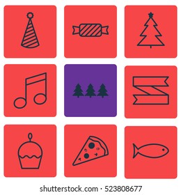 Set Of 9 Happy New Year Icons. Can Be Used For Web, Mobile, UI And Infographic Design. Includes Elements Such As Xmas, Aquatic, Cake And More.