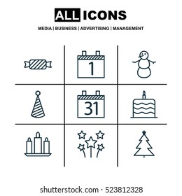 Set Of 9 Happy New Year Icons. Can Be Used For Web, Mobile, UI And Infographic Design. Includes Elements Such As Winter, Birthday, Cake And More.