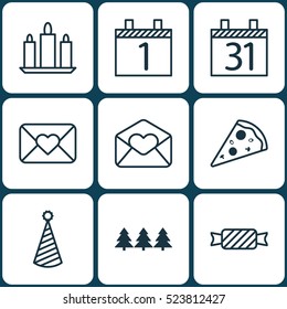 Set Of 9 Happy New Year Icons. Can Be Used For Web, Mobile, UI And Infographic Design. Includes Elements Such As Schedule, Xmas, Party And More.