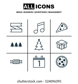 Set Of 9 Happy New Year Icons. Can Be Used For Web, Mobile, UI And Infographic Design. Includes Elements Such As Christmas, Open, Xmas And More.