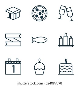 Set Of 9 Happy New Year Icons. Can Be Used For Web, Mobile, UI And Infographic Design. Includes Elements Such As Wax, Cake, Candle And More.