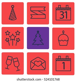 Set Of 9 Happy New Year Icons. Can Be Used For Web, Mobile, UI And Infographic Design. Includes Elements Such As Date, Party, Banner And More.
