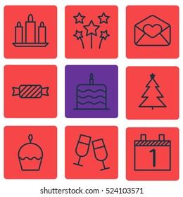 Set Of 9 Happy New Year Icons. Can Be Used For Web, Mobile, UI And Infographic Design. Includes Elements Such As Cupcake, Email, Cake And More.