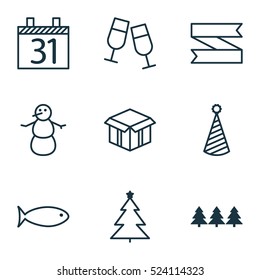 Set Of 9 Happy New Year Icons. Can Be Used For Web, Mobile, UI And Infographic Design. Includes Elements Such As Schedule, Box, Hat And More.