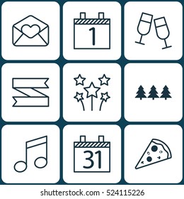 Set Of 9 Happy New Year Icons. Can Be Used For Web, Mobile, UI And Infographic Design. Includes Elements Such As Ribbon, Banner, Slice And More.