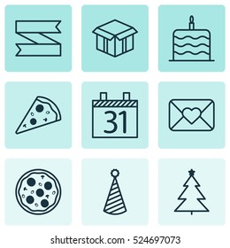 Set Of 9 Happy New Year Icons. Can Be Used For Web, Mobile, UI And Infographic Design. Includes Elements Such As Ribbon, Box, Hat And More.