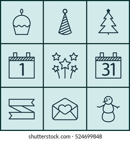 Set Of 9 Happy New Year Icons. Can Be Used For Web, Mobile, UI And Infographic Design. Includes Elements Such As Party, Birthday, Greeting And More.