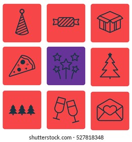 Set Of 9 Happy New Year Icons. Can Be Used For Web, Mobile, UI And Infographic Design. Includes Elements Such As Birthday Hat, Sliced Pizza, Holiday Ornament And More.