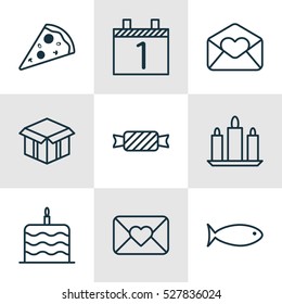 Set Of 9 Happy New Year Icons. Can Be Used For Web, Mobile, UI And Infographic Design. Includes Elements Such As Celebration Letter, Agenda, Sliced Pizza And More.