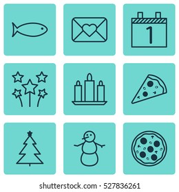 Set Of 9 Happy New Year Icons. Can Be Used For Web, Mobile, UI And Infographic Design. Includes Elements Such As Decorated Tree, Celebration Letter, Fishing And More.