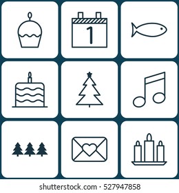 Set Of 9 Happy New Year Icons. Can Be Used For Web, Mobile, UI And Infographic Design. Includes Elements Such As Crotchets, Birthday Cake, Holiday Ornament And More.