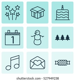 Set Of 9 Happy New Year Icons. Can Be Used For Web, Mobile, UI And Infographic Design. Includes Elements Such As Greeting Email, Festive Fireworks, Winter And More.