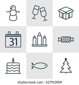 Set Of 9 Happy New Year Icons. Can Be Used For Web, Mobile, UI And Infographic Design. Includes Elements Such As Open Cardboard, Wax, Champagne Glasses And More.