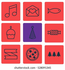 Set Of 9 Happy New Year Icons. Can Be Used For Web, Mobile, UI And Infographic Design. Includes Elements Such As Sweet, Blank Ribbon, Pizza Meal And More.