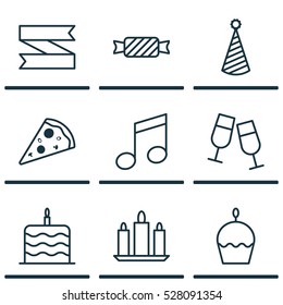 Set Of 9 Happy New Year Icons. Can Be Used For Web, Mobile, UI And Infographic Design. Includes Elements Such As Wax, Champagne Glasses, Sliced Pizza And More.