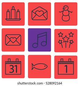 Set Of 9 Happy New Year Icons. Can Be Used For Web, Mobile, UI And Infographic Design. Includes Elements Such As Festive Fireworks, Wax, Greeting Email And More.