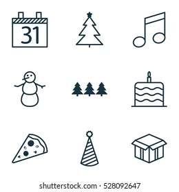 Set Of 9 Happy New Year Icons. Can Be Used For Web, Mobile, UI And Infographic Design. Includes Elements Such As Sliced Pizza, Winter, Date And More.