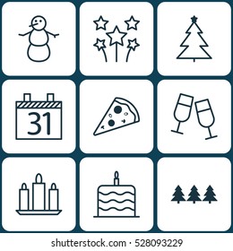 Set Of 9 Happy New Year Icons. Can Be Used For Web, Mobile, UI And Infographic Design. Includes Elements Such As Festive Fireworks, Holiday Ornament, Celebration Cake And More.