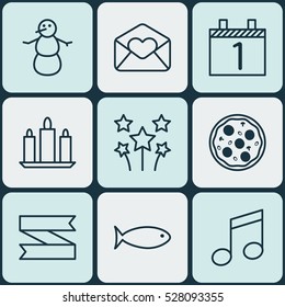 Set Of 9 Happy New Year Icons. Can Be Used For Web, Mobile, UI And Infographic Design. Includes Elements Such As Agenda, Fishing, Blank Ribbon And More.