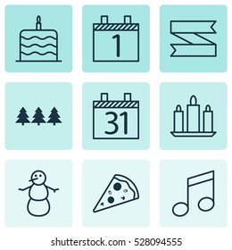Set Of 9 Happy New Year Icons. Can Be Used For Web, Mobile, UI And Infographic Design. Includes Elements Such As Winter, Date, Holiday Ornament And More.
