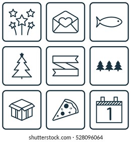 Set Of 9 Happy New Year Icons. Can Be Used For Web, Mobile, UI And Infographic Design. Includes Elements Such As Fishing, Open Cardboard, Festive Fireworks And More.