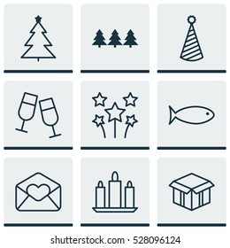Set Of 9 Happy New Year Icons. Can Be Used For Web, Mobile, UI And Infographic Design. Includes Elements Such As Birthday Hat, Festive Fireworks, Greeting Email And More.