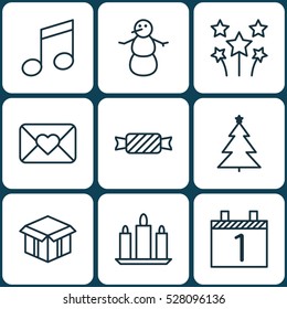 Set Of 9 Happy New Year Icons. Can Be Used For Web, Mobile, UI And Infographic Design. Includes Elements Such As Winter, Open Cardboard, Wax And More.