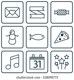 Set Of 9 Happy New Year Icons. Can Be Used For Web, Mobile, UI And Infographic Design. Includes Elements Such As Sweet, Celebration Letter, Date And More.