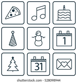 Set Of 9 Happy New Year Icons. Can Be Used For Web, Mobile, UI And Infographic Design. Includes Elements Such As Celebration Letter, Winter, Birthday Hat And More.