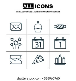 Set Of 9 Happy New Year Icons. Can Be Used For Web, Mobile, UI And Infographic Design. Includes Elements Such As Sweet, Wax, Birthday Cake And More.