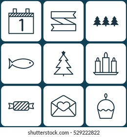 Set Of 9 Happy New Year Icons. Can Be Used For Web, Mobile, UI And Infographic Design. Includes Elements Such As Blank Ribbon, Birthday Cake, Sweet And More.