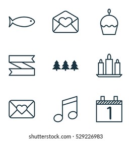 Set Of 9 Happy New Year Icons. Can Be Used For Web, Mobile, UI And Infographic Design. Includes Elements Such As Blank Ribbon, Holiday Ornament, Birthday Cake And More.