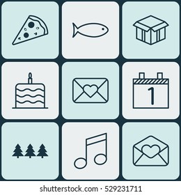 Set Of 9 Happy New Year Icons. Can Be Used For Web, Mobile, UI And Infographic Design. Includes Elements Such As Agenda, Holiday Ornament, Crotchets And More.