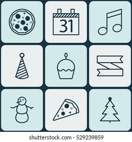 Set Of 9 Happy New Year Icons. Can Be Used For Web, Mobile, UI And Infographic Design. Includes Elements Such As Pizza Meal, Sliced Pizza, Birthday Cake And More.