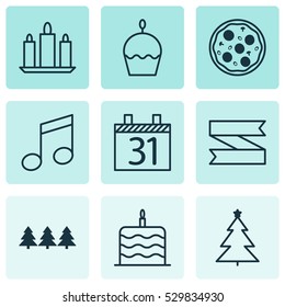 Set Of 9 Happy New Year Icons. Can Be Used For Web, Mobile, UI And Infographic Design. Includes Elements Such As Pizza Meal, Decorated Tree, Blank Ribbon And More.