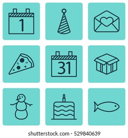 Set Of 9 Happy New Year Icons. Can Be Used For Web, Mobile, UI And Infographic Design. Includes Elements Such As Sliced Pizza, Open Cardboard, Birthday Hat And More.