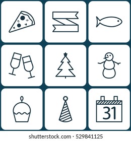 Set Of 9 Happy New Year Icons. Can Be Used For Web, Mobile, UI And Infographic Design. Includes Elements Such As Blank Ribbon, Birthday Hat, Winter And More.