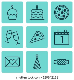 Set Of 9 Happy New Year Icons. Can Be Used For Web, Mobile, UI And Infographic Design. Includes Elements Such As Agenda, Birthday Cake, Celebration Cake And More.