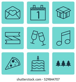 Set Of 9 Happy New Year Icons. Can Be Used For Web, Mobile, UI And Infographic Design. Includes Elements Such As Greeting Email, Crotchets, Celebration Cake And More.
