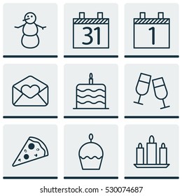 Set Of 9 Happy New Year Icons. Can Be Used For Web, Mobile, UI And Infographic Design. Includes Elements Such As Sliced Pizza, Wax, Greeting Email And More.