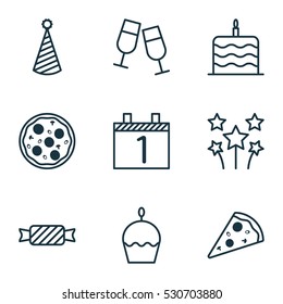 Set Of 9 Happy New Year Icons. Can Be Used For Web, Mobile, UI And Infographic Design. Includes Elements Such As Agenda, Celebration Cake, Champagne Glasses And More.