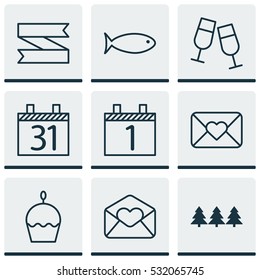 Set Of 9 Happy New Year Icons. Can Be Used For Web, Mobile, UI And Infographic Design. Includes Elements Such As Celebration Letter, Greeting Email, Date And More.