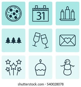 Set Of 9 Happy New Year Icons. Includes Celebration Letter, Birthday Cake, Date And Other Symbols. Beautiful Design Elements.
